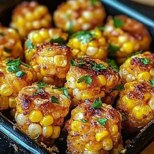 Plate of spicy Mexican corn bites topped with fresh herbs and chili.