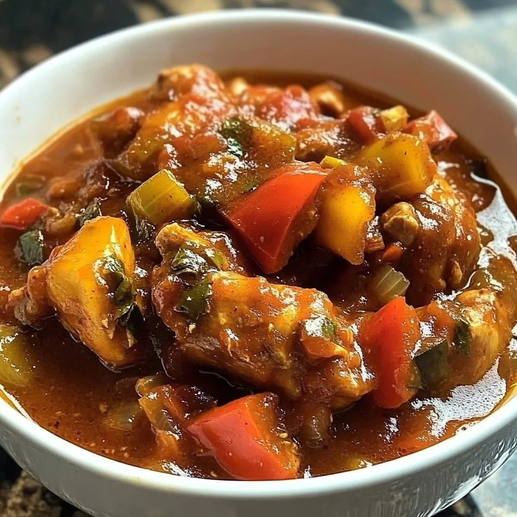 Bowl of spicy Nigerian chicken stew garnished with fresh herbs and peppers