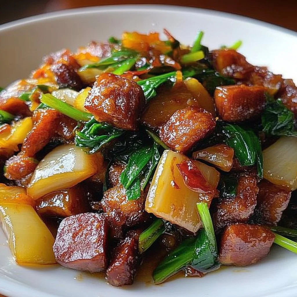 Plate of stir-fried rice cakes with Chinese sausage garnished with green onions