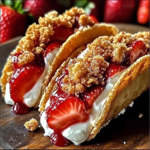 Delicious strawberry crunch cheesecake tacos served with fresh strawberries.