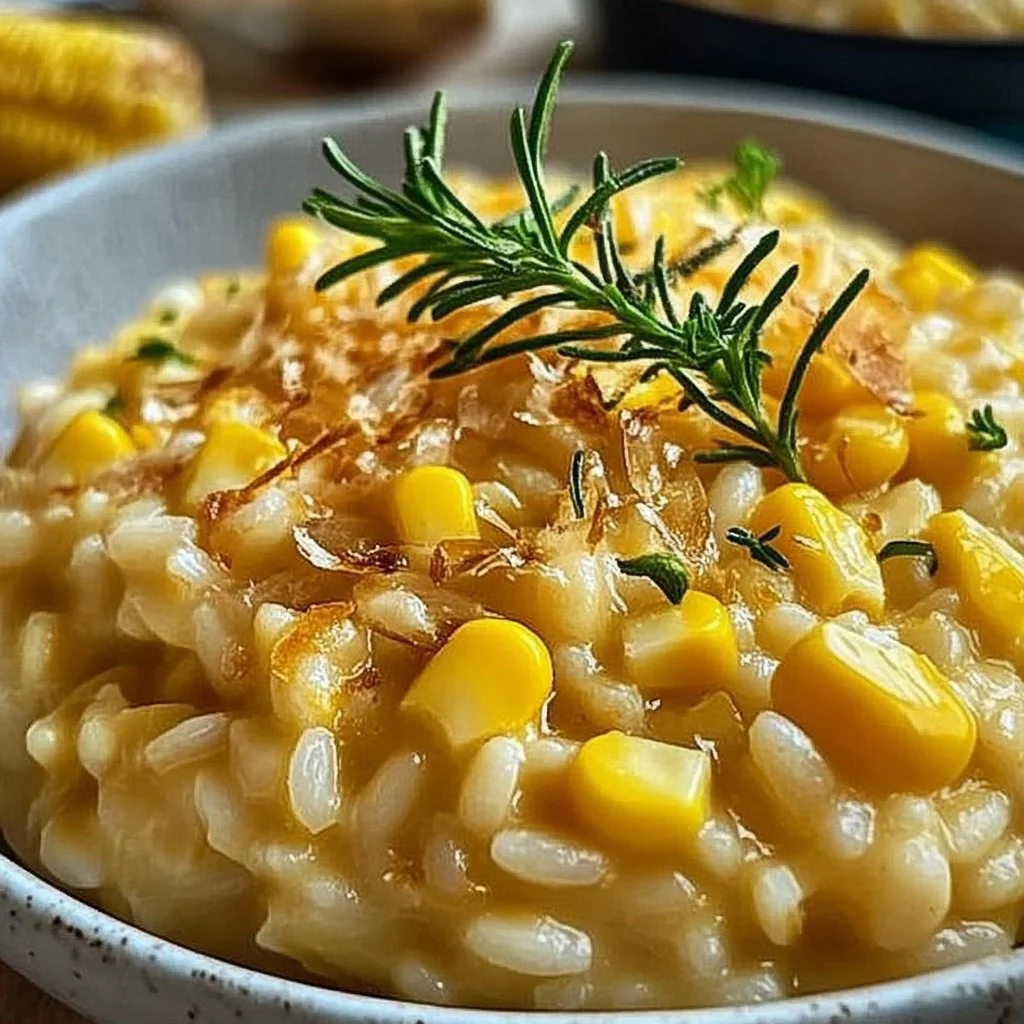 Delicious sweet corn risotto topped with fresh herbs and Parmesan cheese