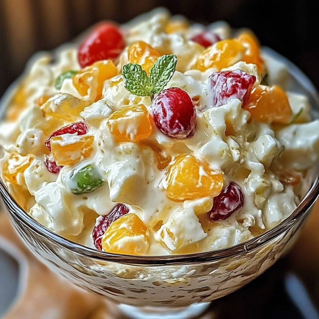 Delicious bowl of Ambrosia Salad with fruits and marshmallows