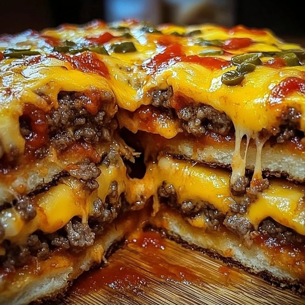 Triple Decker Cheeseburger Pizza with Stuffed Crust ready to eat
