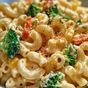 Delicious veggie mac and cheese with colorful vegetables for a comforting meal