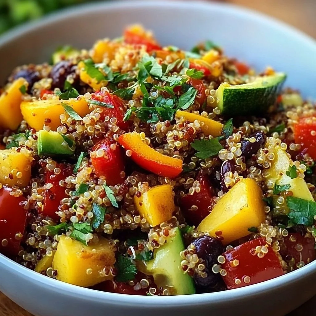 Colorful bowl of vibrant vegetarian quinoa dinner with fresh vegetables