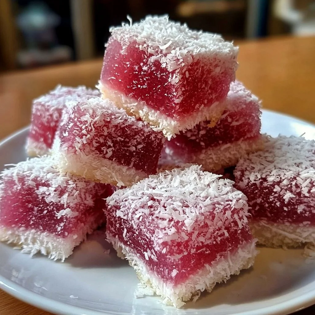 Vintage Australian Pink Jelly Coconut Cakes beautifully presented on a plate.