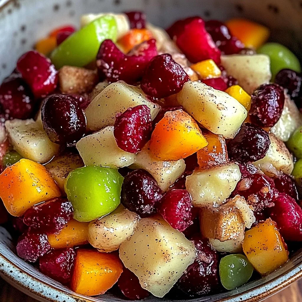 A bowl of winter fruit salad with cinnamon vanilla dressing featuring seasonal fruits.