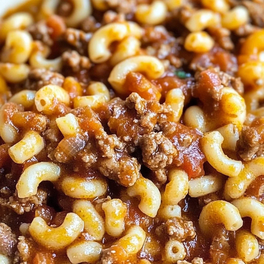 A delicious serving of American Goulash with pasta and ground beef in a rich tomato sauce.