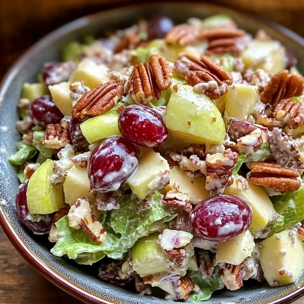 Close-up of a vibrant Apple Grape Pecan Salad topped with fresh ingredients