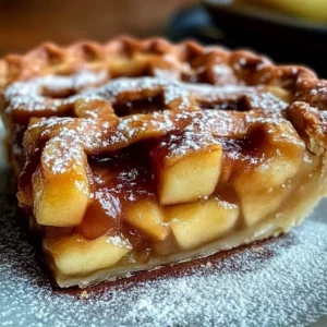 Slice of apple pie topped with creamy pudding