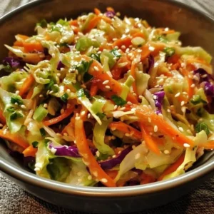 Colorful bowl of Asian Cabbage Slaw with fresh vegetables and dressing