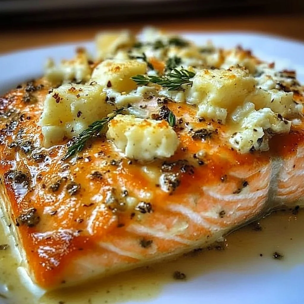 Delicious baked Boursin salmon on a plate, garnished with herbs.