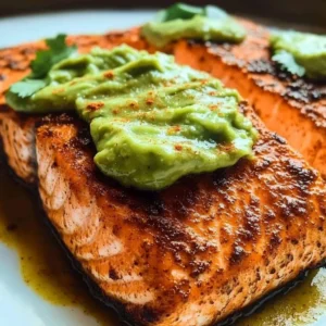 Baked Cajun Salmon topped with Avocado Sauce on a plate, ready to serve.