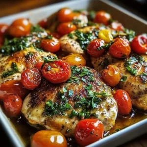 Baked chicken with cherry tomatoes on a rustic plate, garnished with herbs