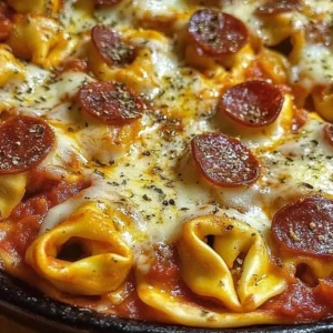 Baked Pizza Tortellini dinner with melted cheese and toppings