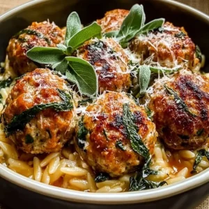 Baked sage chicken meatballs served with Parmesan orzo on a plate