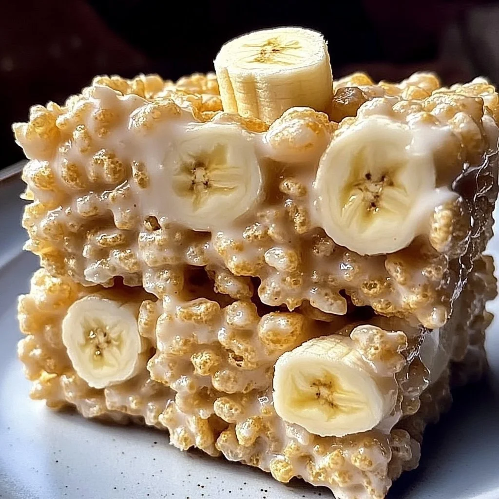 Delicious banana pudding Rice Krispie treats on a serving plate.