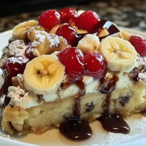 Delicious banana split dump cake served with toppings