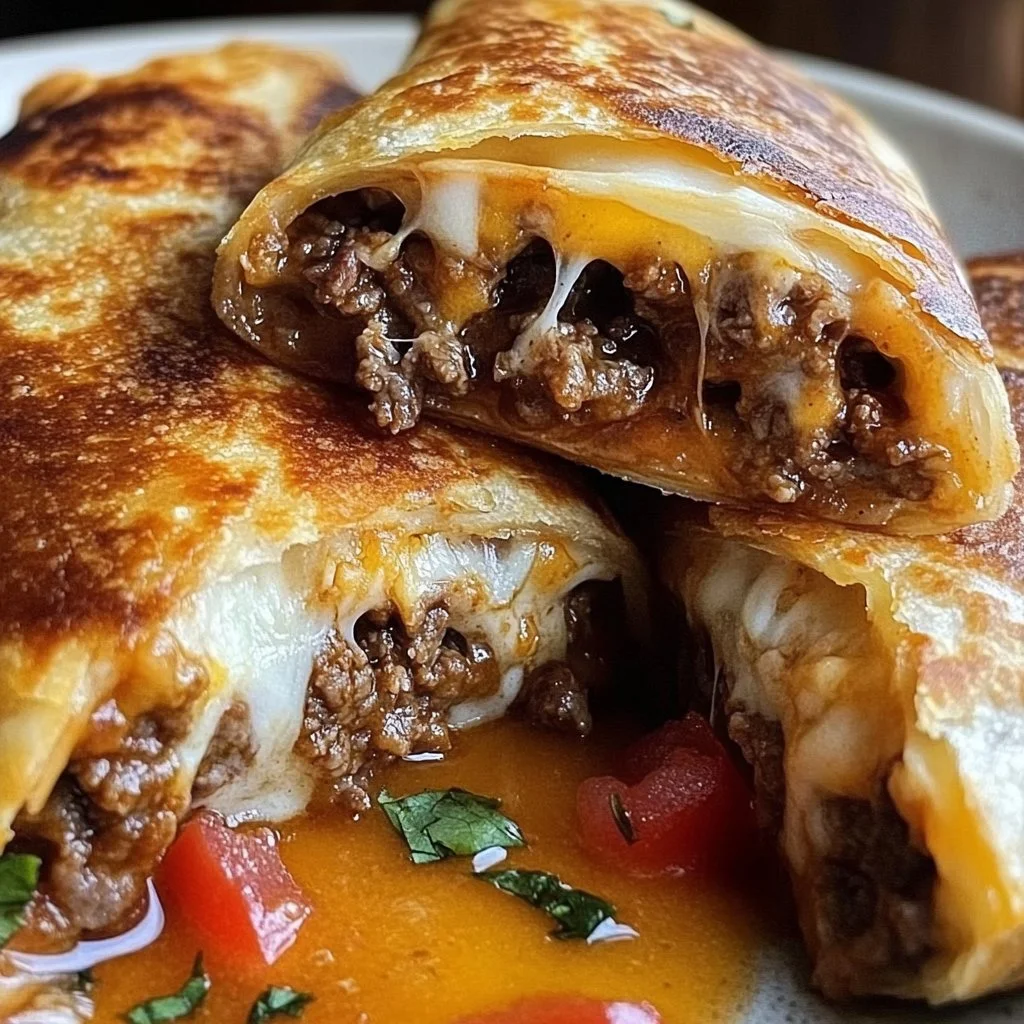 Delicious beef and cheese chimichangas served on a plate.