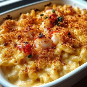Delicious lobster mac and cheese served in a bowl with melted cheese