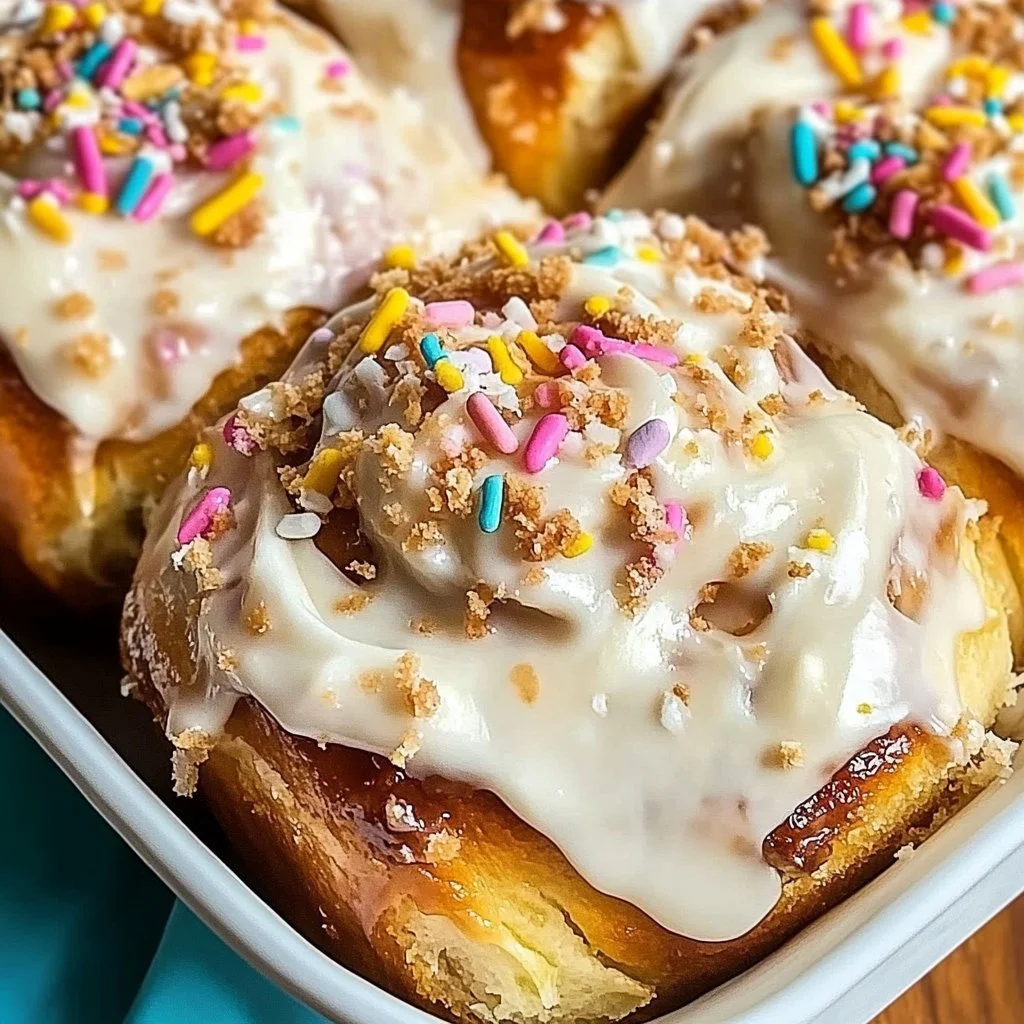 Delicious birthday cake cinnamon rolls topped with colorful sprinkles.