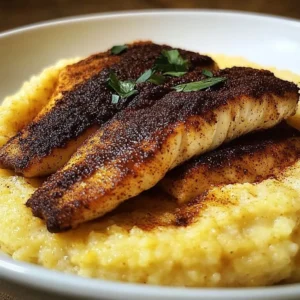 Plate of blackened catfish served with creamy grits, garnished with herbs.