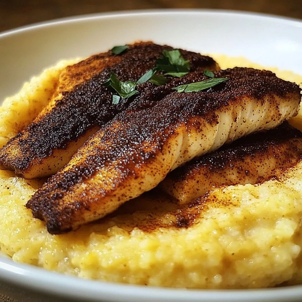 Plate of blackened catfish served with creamy grits, garnished with herbs.