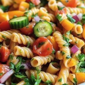 Colorful Bloody Mary Pasta Salad with fresh ingredients for summer