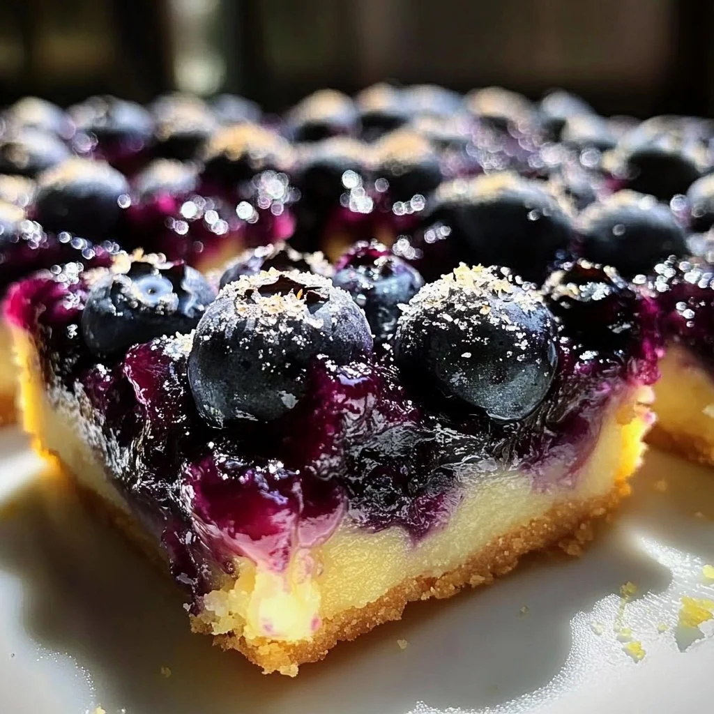 Delicious Blueberry Lemon Pie Bars served on a white plate with a lemon wedge.