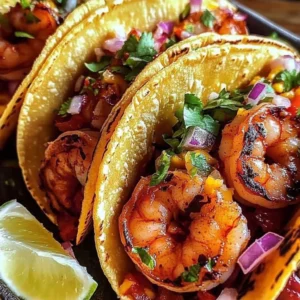 Delicious shrimp tacos recipe by Bobby Flay topped with vibrant ingredients