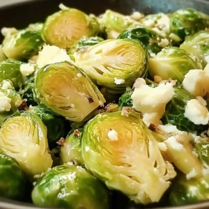Delicious Boursin Brussels Sprouts served on a plate with herbs and spices.