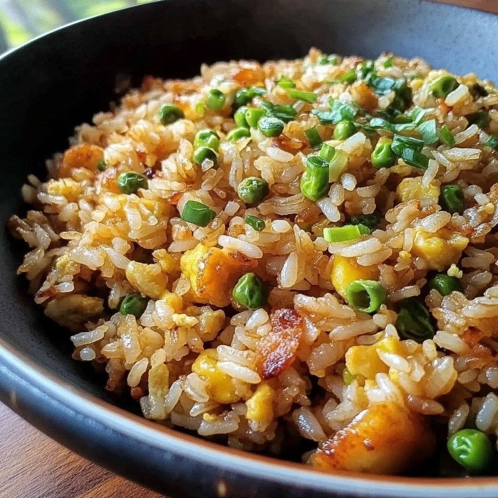 Delicious bowl of breakfast fried rice with vegetables and eggs