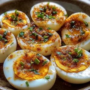 Cajun boiled eggs served with spicy garlic butter sauce on a plate