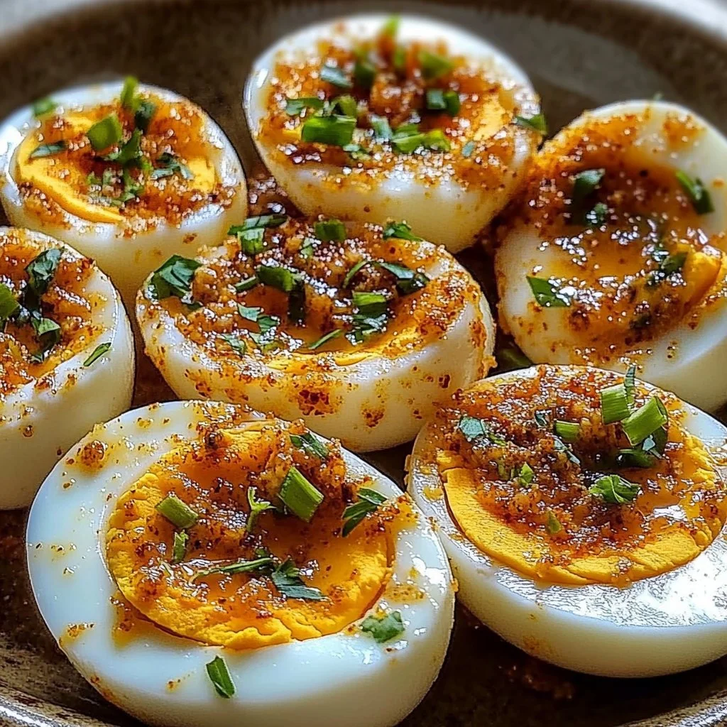 Cajun boiled eggs served with spicy garlic butter sauce on a plate