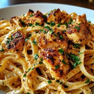 Plate of Cajun Chicken Linguine garnished with herbs and spices.