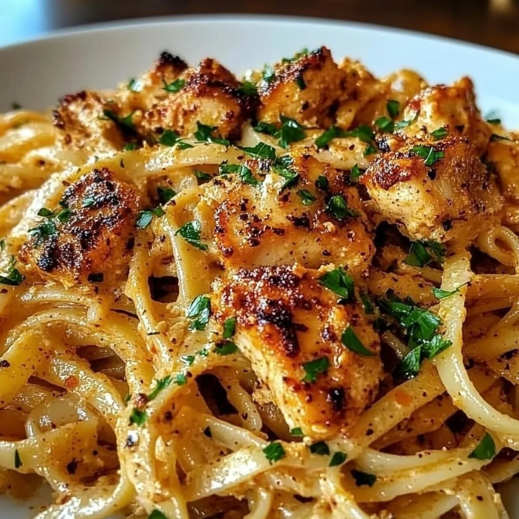 Plate of Cajun Chicken Linguine garnished with herbs and spices.