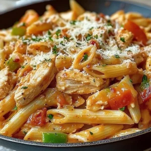 Delicious Cajun Chicken Pasta Skillet topped with vibrant bell peppers and spices.