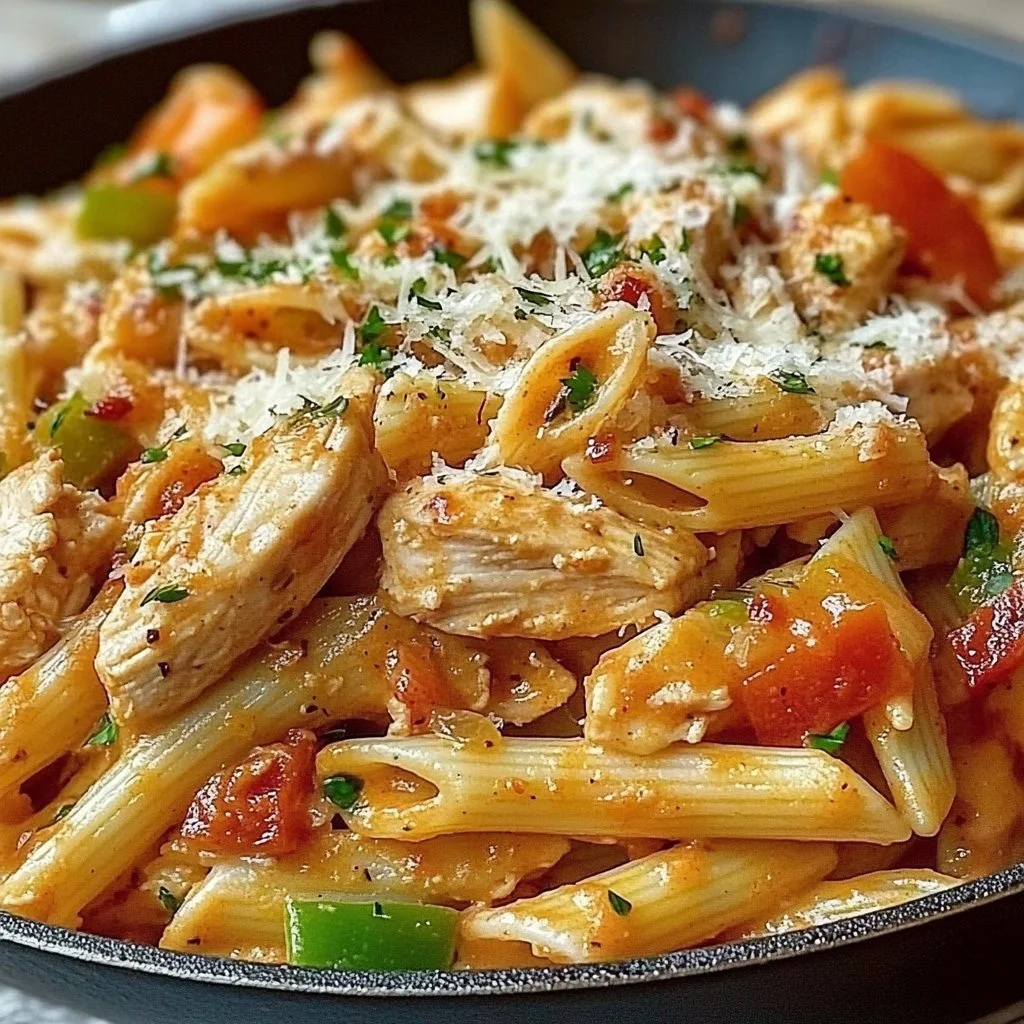 Delicious Cajun Chicken Pasta Skillet topped with vibrant bell peppers and spices.