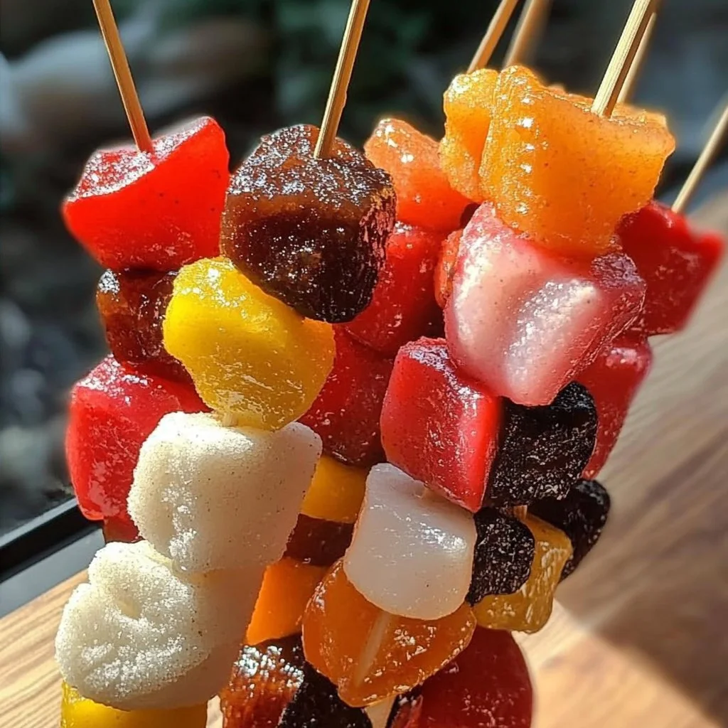 Colorful candy kabobs arranged for a fun party treat