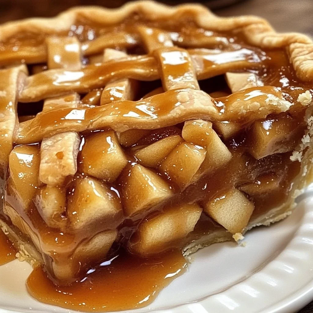 Delicious caramel apple pie dessert with apples and caramel glaze