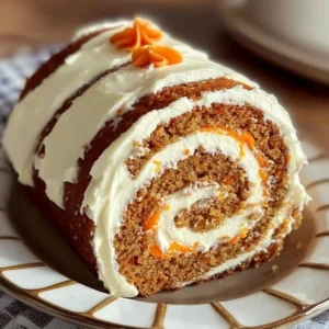 Carrot cake roll with cream cheese frosting served on a plate