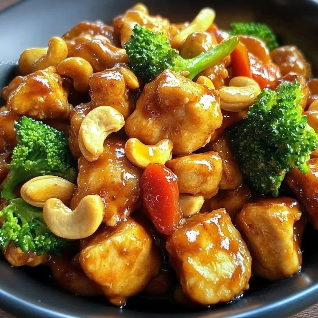 A plate of homemade cashew chicken garnished with vegetables and cashews.
