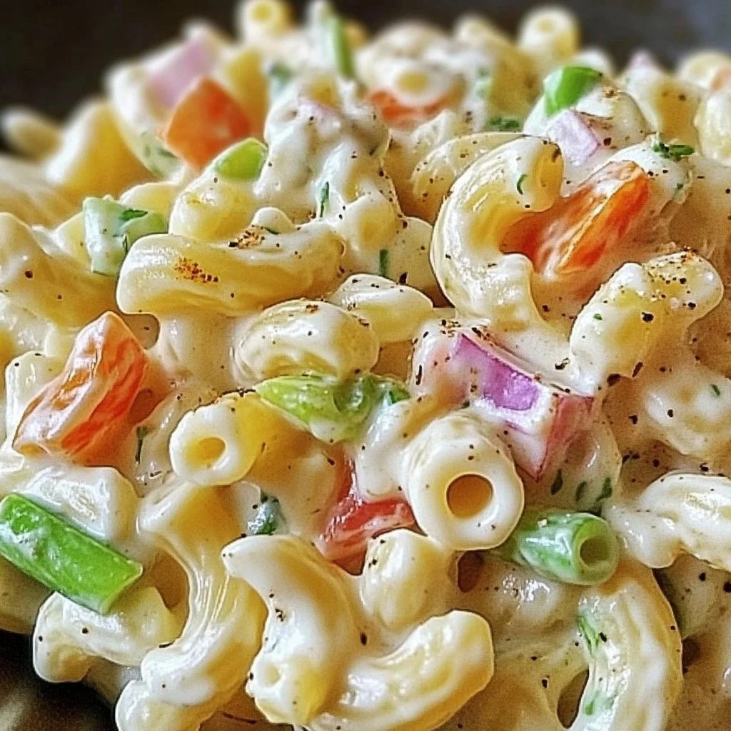 Delicious bowl of Cheddar Sour Cream Macaroni Salad garnished with fresh herbs.