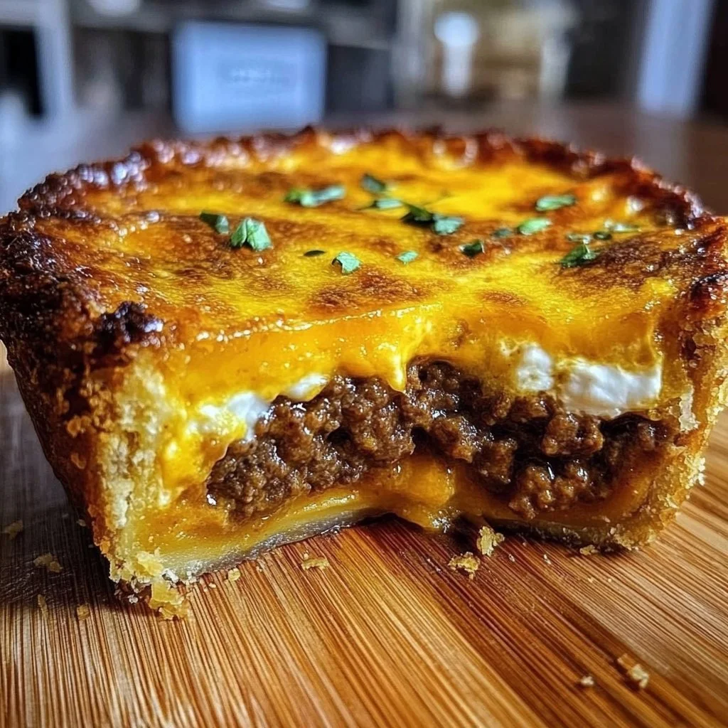 Delicious cheeseburger pie topped with melted cheese and savory toppings