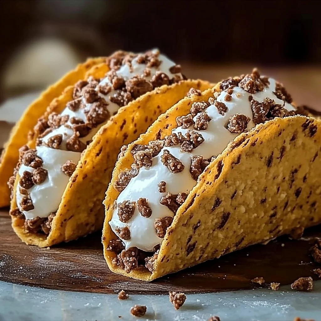Cheesecake cookie dough tacos served on a plate, a delicious dessert treat.