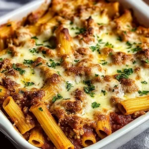 Delicious cheesy baked ziti with marinara and melted cheese
