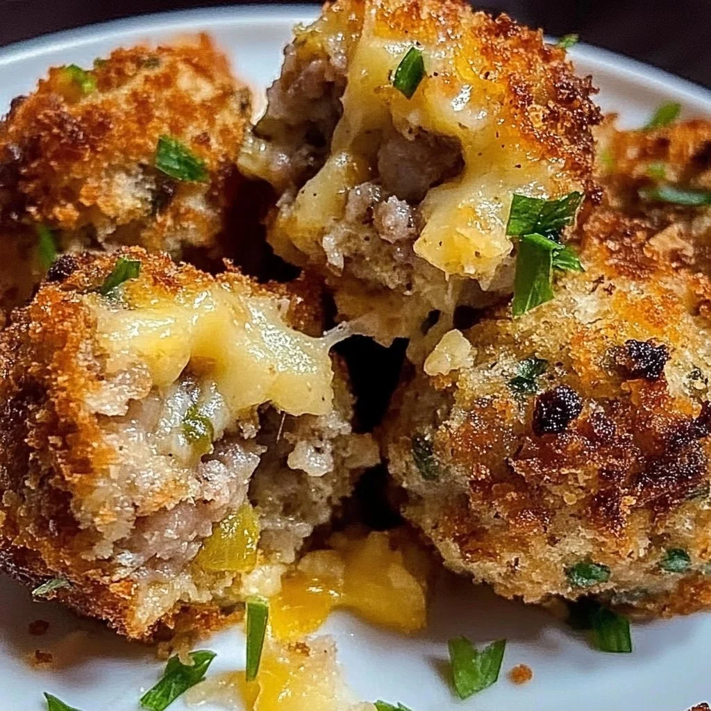 Cheesy sausage stuffing balls served on a platter
