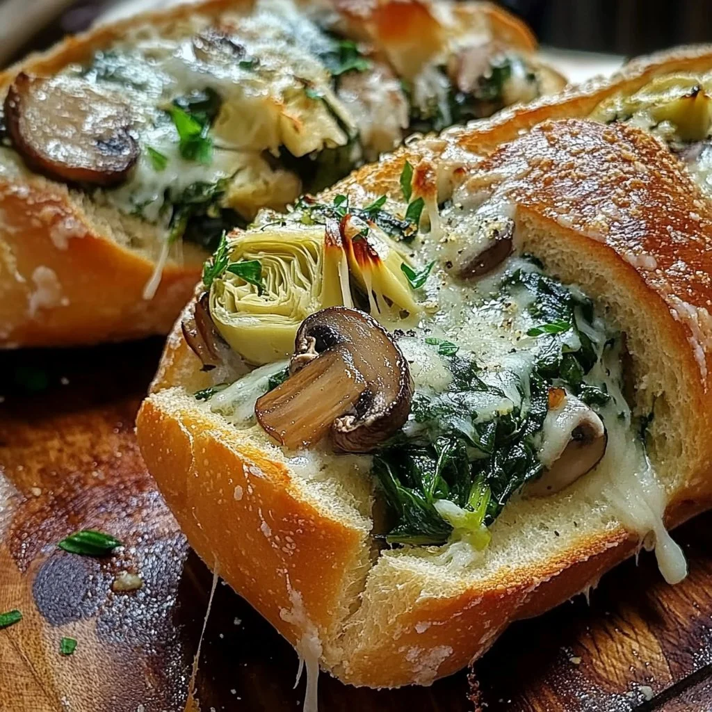 Cheesy Spinach Artichoke & Mushroom Stuffed Baguette