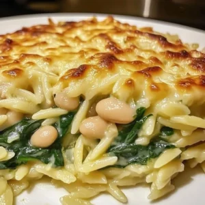Creamy Cheesy Spinach Orzo with White Beans in a bowl