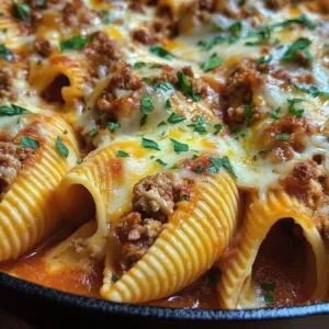 Cheesy stuffed jumbo shells filled with ricotta and topped with marinara sauce.